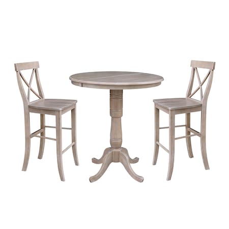 International Concepts Round 36 in Rd Extension Dining Table 40.9 inH, 2 X-Back Bar Ht Stools, Gray Taupe, 36 in W, 48 in L K09-36RXT-S6133-2